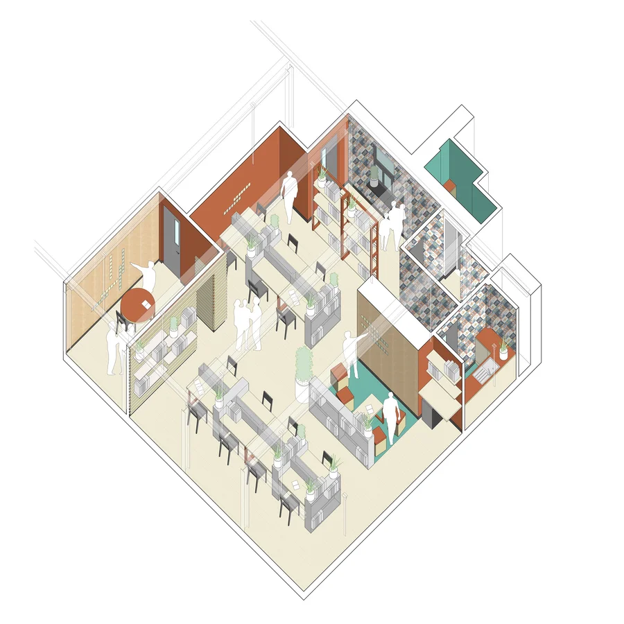 Architectural plan of office space including seats and desk