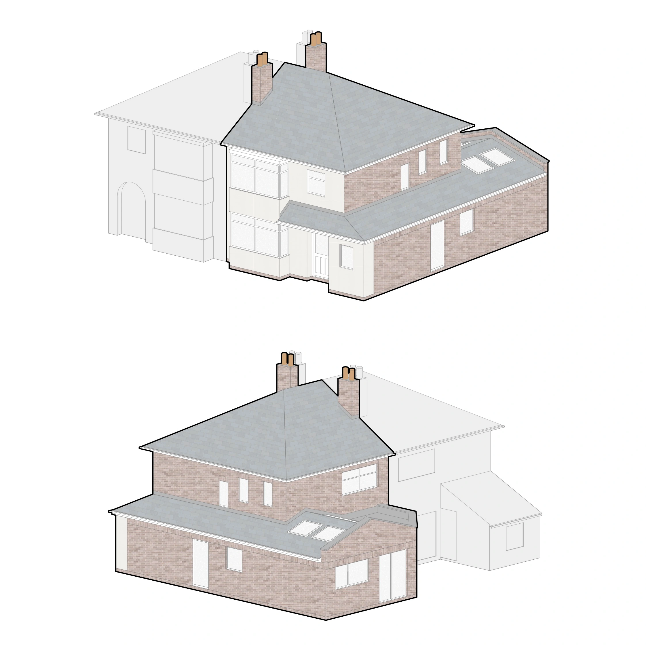 Isometric architects plan of red brick house